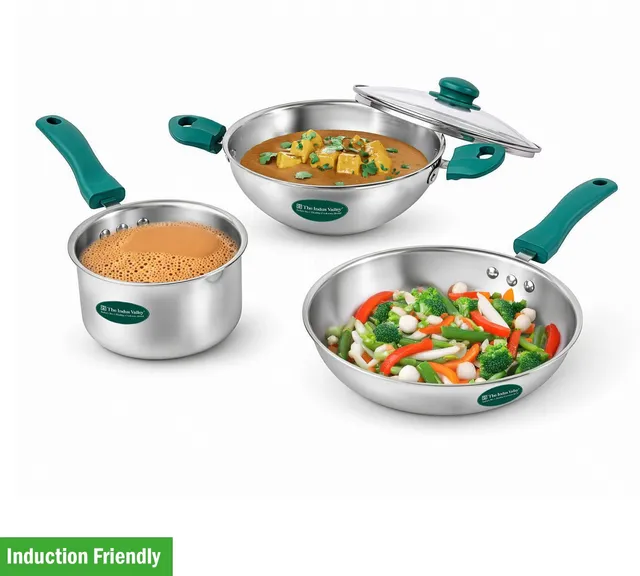 The Indus Valley Triply Stainless Steel Cookware Set- Kadai, Fry pan, Saucepan Induction Bottom Non-Stick Coated Cookware Set