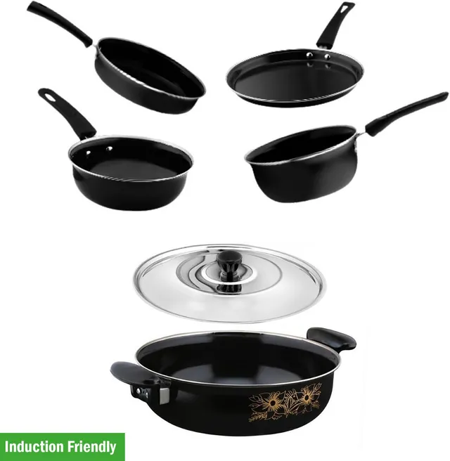 Kashvi Deluxe Combo Kadhai with lid, Fry Pan, Sauce Pan, Tadka Pan, Dosa Tawa Induction Bottom Non-Stick Coated Cookware Set