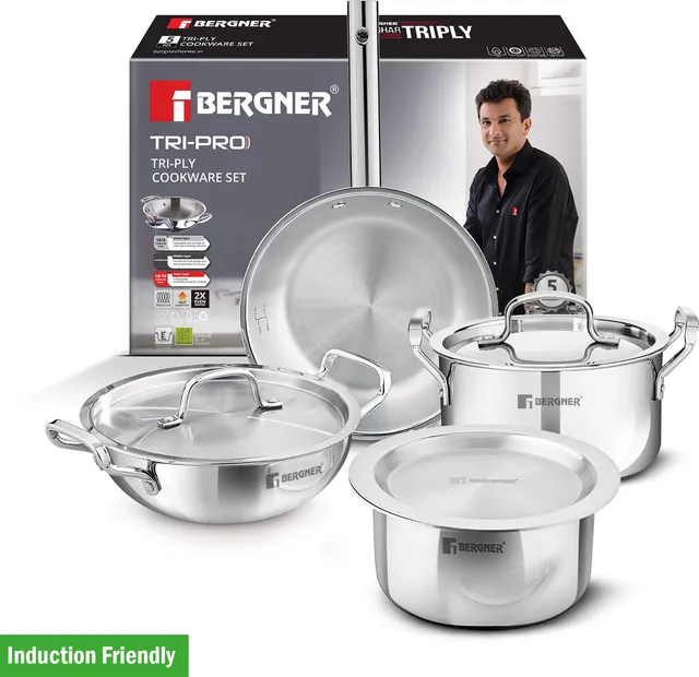 BERGNER Tripro 7 Pcs Triply Stainless Steel Cookware Set, Less Oil Use, Healthy Cooking, Induction Bottom Cookware Set