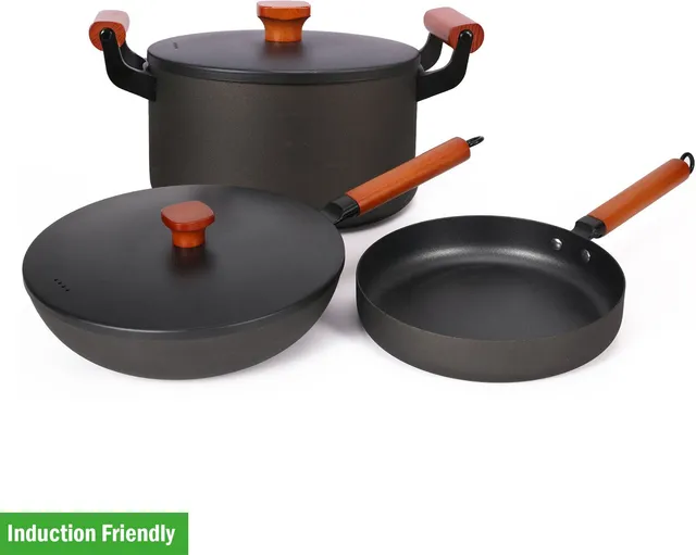 The Better Home Cast Iron Cookware Set With Lid | Enamel Coated | 3Pcs Induction Bottom Non-Stick Coated Cookware Set