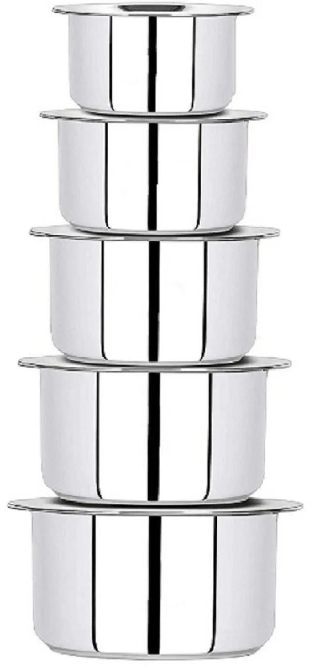 RBGIIT Set of 5 High Quality 22 Gauge and Gas Stove Compatible Tope Set With Lid (5 Pieces, 1 Ltr, 1.5 Ltr, 2 Ltr, 2.5 Ltr, 3 Ltr) Induction And gas Stove Suitable Bottom Cookware Set Gas Stove Friendly 10 Pcs Set Stainless Steel Cooper Tope Set Flat Induction And gas Stove Suitable Bottom Tapeli/Bhagona/Milkpan with Lid Friendly Tope/patila/cookware With Lids, Gas Stove Friendly Container/Tope/Cookware Stainless Steel Disposable Serving Bowl STEEL 5 Pieces Stainless Steel 22 Gauge and Gas Stove Compatible Tope Set / Cookware Set / Container Set / Bhagona Set Cookware Set CKFFTO_14 Cookware Set