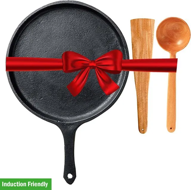 The Indus Valley Pre-Seasoned Cast Iron Tawa with Free Wooden Flip & Stir | 25.7cm/10.3 inch Induction Bottom Cookware Set