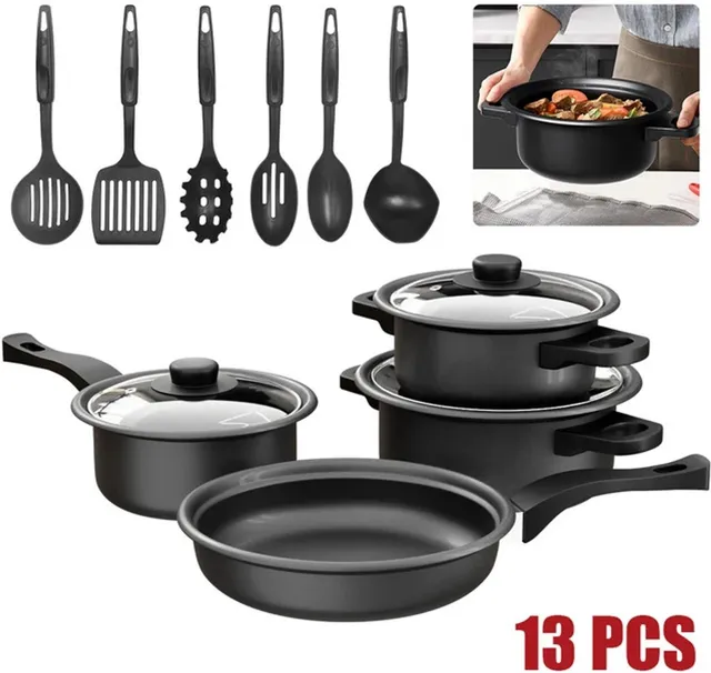 Anelyn 13-Piece Non-Stick Cookware & Utensil Set, Frying Pan, Saucepan, Casserole Induction Bottom Non-Stick Coated Cookware Set