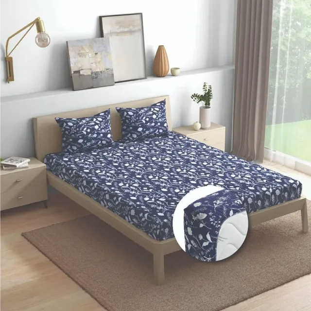Wakefit Cotton Queen Fitted (Elastic) 200 TC Geometric 1 Bedsheet with 2 Pillow Covers