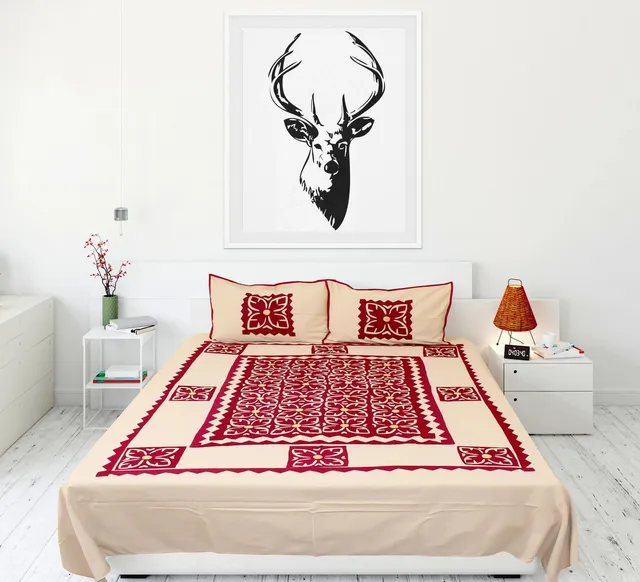 AWWRAT Cotton King Flat 300 TC Applique 1 Bedsheet with 2 Pillow Covers