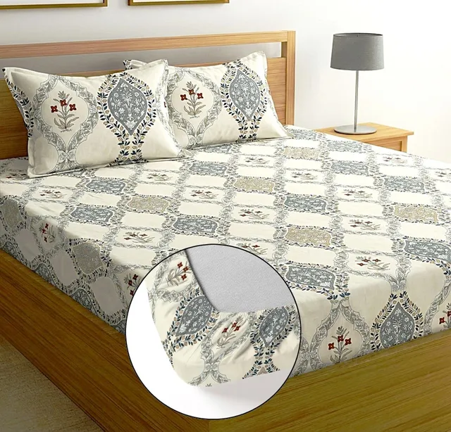 Moonroof Cotton Double Fitted (Elastic) 244 TC Printed 1 Summer Bedsheet with 2 Pillow Covers