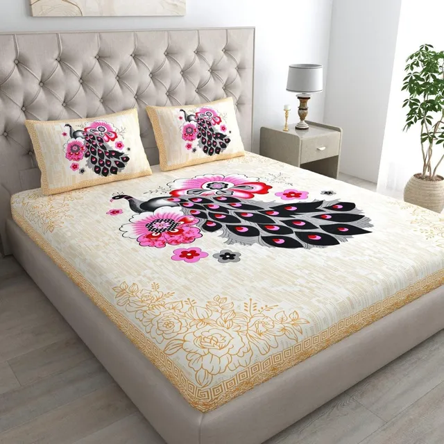 Manshar Cotton Double Flat 144 TC Jaipuri Prints 1 Bedsheet with 2 Pillow Covers