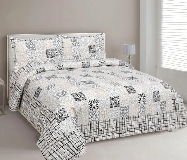 Mafatlal Cotton Double Flat 144 TC Geometric 1 Bedsheet with 2 Pillow Covers