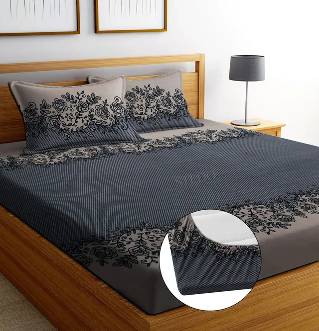 STEDO Cotton Double, King Fitted (Elastic) 250 TC Floral 1 Bedsheet with 2 Pillow Covers