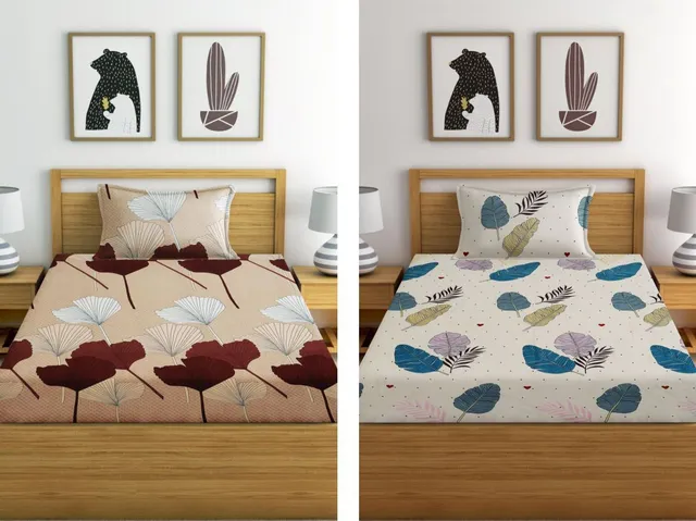 HQ FAB Cotton Single Fitted (Elastic) 200 TC Printed 2 Bedsheets with 2 Pillow Covers