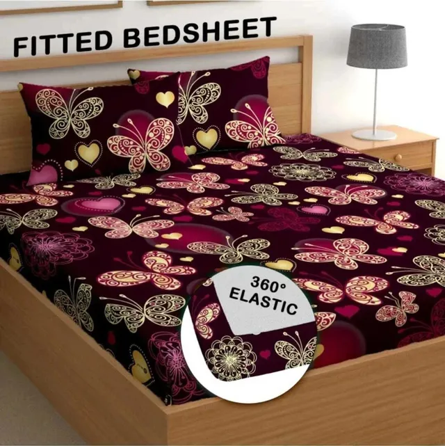 Decent Home Cotton Double Fitted (Elastic) 240 TC Floral 1 Bedsheet with 2 Pillow Covers