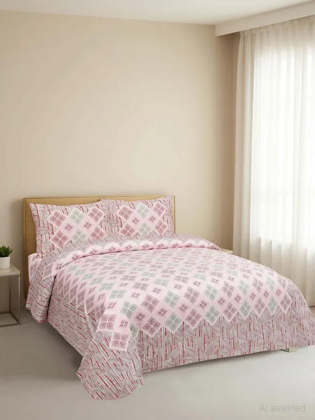 Mafatlal Cotton Double Flat 144 TC Geometric 1 Bedsheet with 2 Pillow Covers