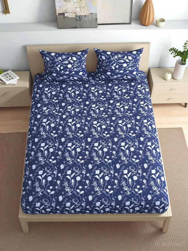 Wakefit Cotton King Fitted (Elastic) 160 TC Floral 1 Bedsheet with 2 Pillow Covers