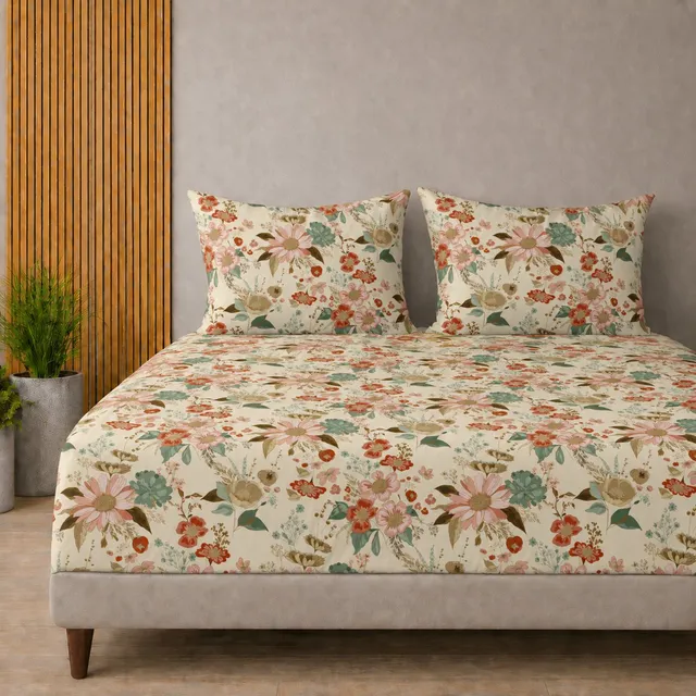 Amrange Cotton King Fitted (Elastic) 210 TC Floral 1 Bedsheet with 2 Pillow Covers