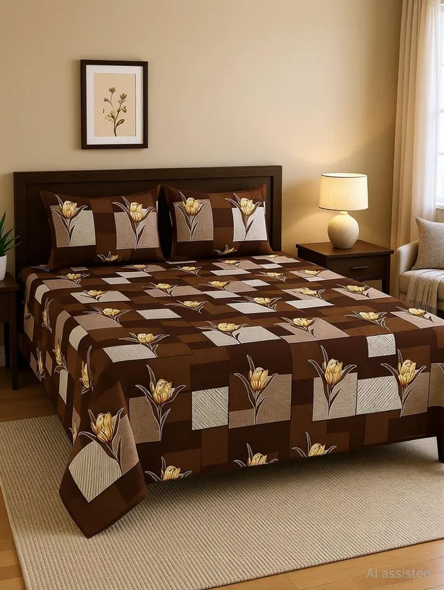 SCHp Cotton Super King Flat 320 TC Printed 1 Bedsheet with 2 Pillow Covers