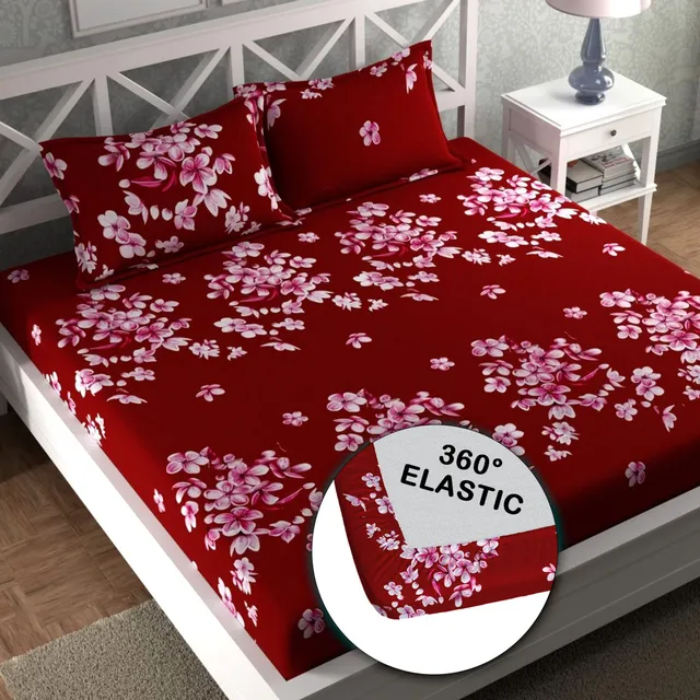CG Homes Cotton Double Fitted (Elastic) 180 TC Printed 1 Bedsheet with 2 Pillow Covers