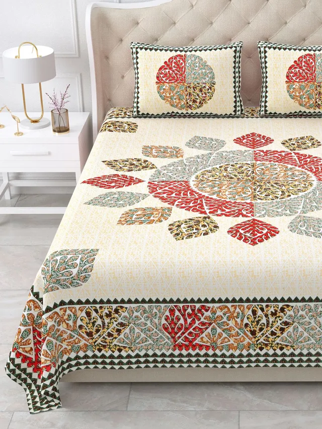 KUVAS Cotton King Flat 260 TC Printed 1 Bedsheet with 2 Pillow Covers