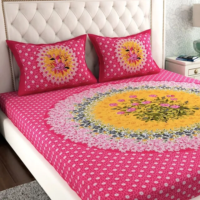 Leo Creation Cotton Double Flat 144 TC Printed 1 Bedsheet with 2 Pillow Covers