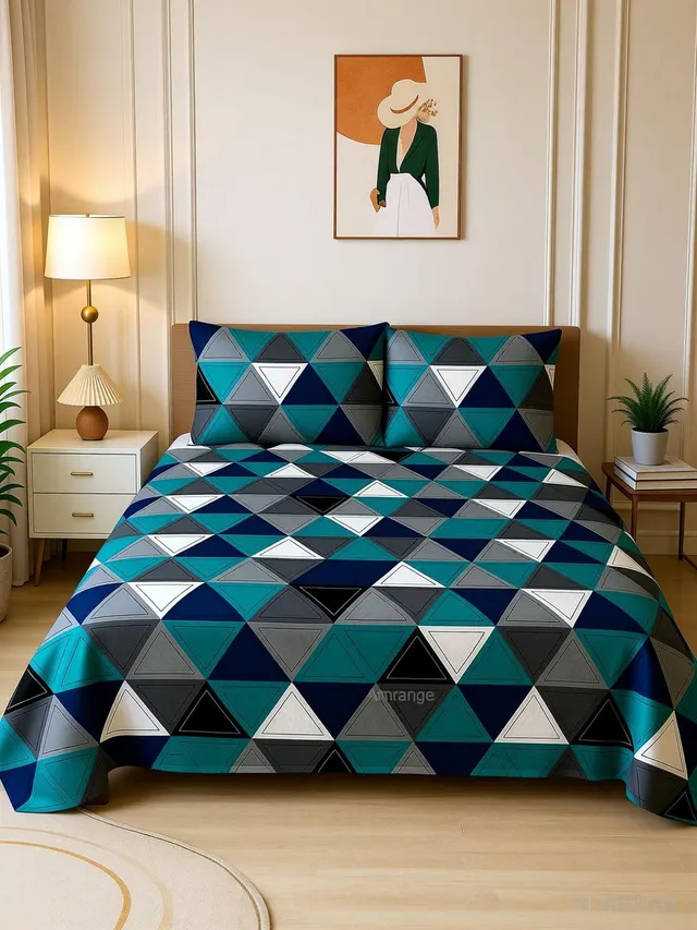 Amrange Cotton King Flat 240 TC Geometric 1 Bedsheet with 2 Pillow Covers