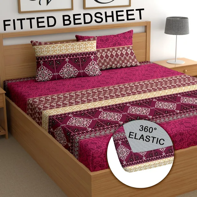 CG Homes Cotton Double Fitted (Elastic) 180 TC Floral 1 Bedsheet with 2 Pillow Covers