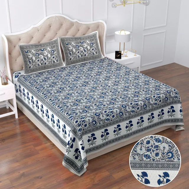 SIZAR Cotton Double, King Flat 240 TC Printed 1 Bedsheet with 2 Pillow Covers