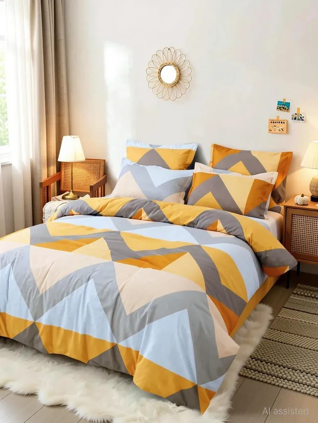 CLOVIS KRAFTS Microfiber Queen Fitted (Elastic) 240 TC Geometric 1 Bedsheet with 2 Pillow Covers