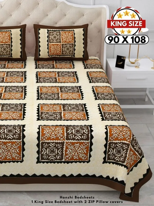 HANSHI Cotton King Flat 260 TC Printed 1 Bedsheet with 2 Pillow Covers