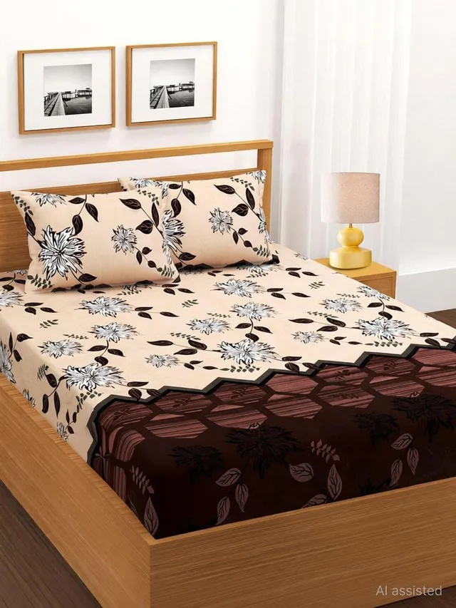 Moonroof Cotton King Fitted (Elastic) 244 TC Printed 1 Bedsheet with 2 Pillow Covers