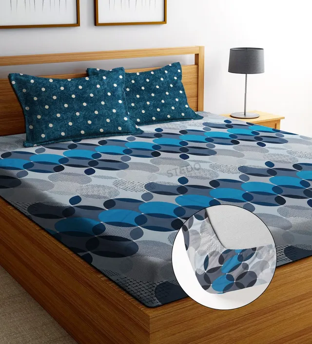 STEDO Cotton Double, King Fitted (Elastic) 250 TC Floral 1 Bedsheet with 2 Pillow Covers