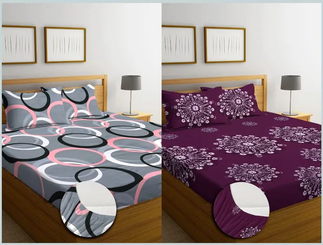 KURRY HOME FURNISHING Cotton Double Fitted (Elastic) 210 TC Abstract 2 Bedsheets with 4 Pillow Covers