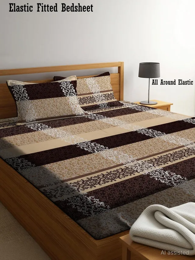 Amrange Cotton King Fitted (Elastic) 210 TC 3D Printed 1 Bedsheet with 2 Pillow Covers