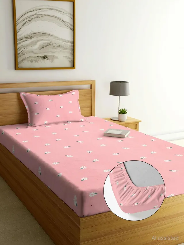 Moonroof Cotton Single Fitted (Elastic) 240 TC Printed 1 Bedsheet with 2 Pillow Covers