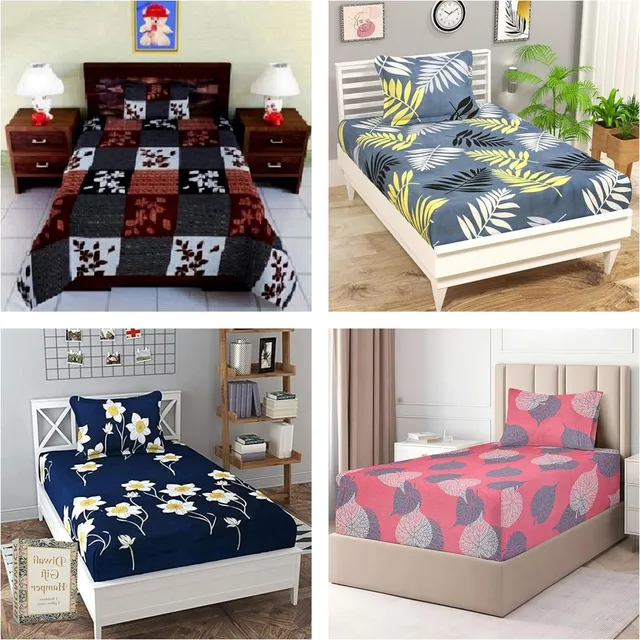MR VIHAAN Polycotton, Microfiber, Cotton Blend Single Flat 160 TC 3D Printed 4 Bedsheets with 8 Pillow Covers
