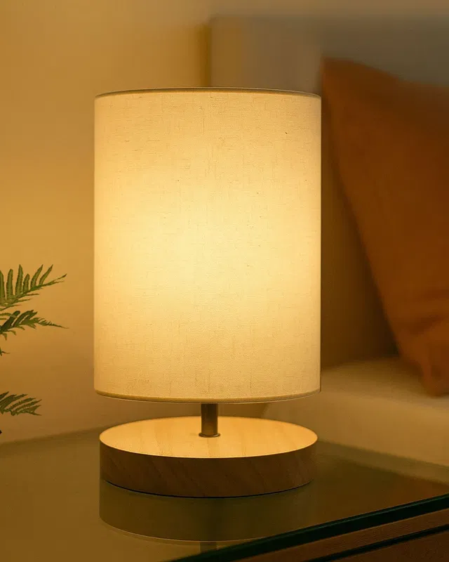 Glowhere Minimalist Wooden Table Lamp with Fabric Shade, Modern Bedside Lamp for Bedroom Table Lamp