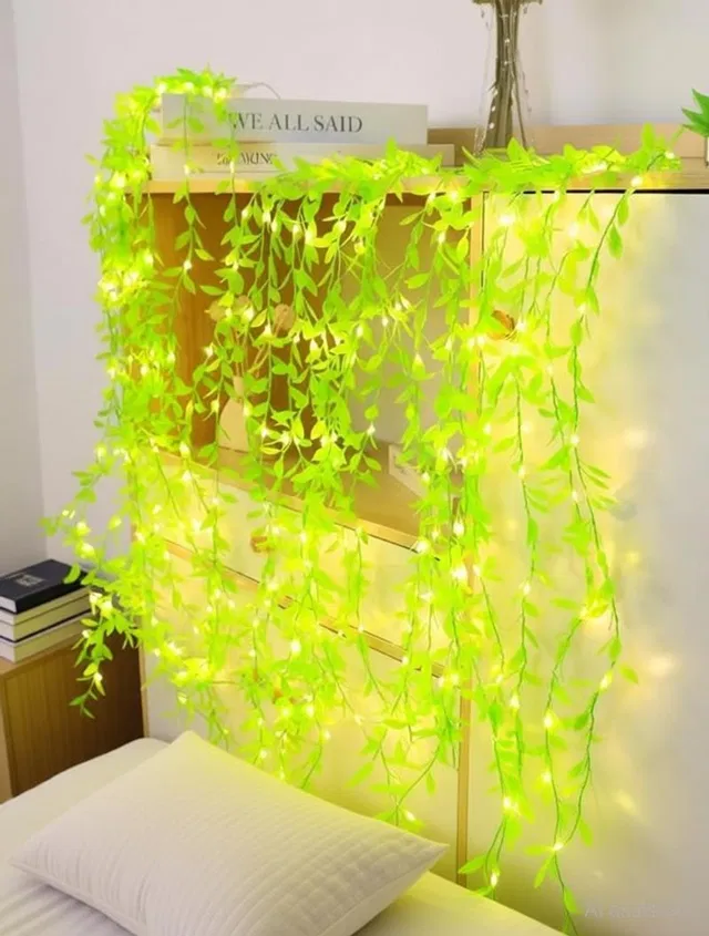 V Enterprises Leaf Curtain LED Light Adjustable Brightness(10x3Feet, Green Color) Table Lamp