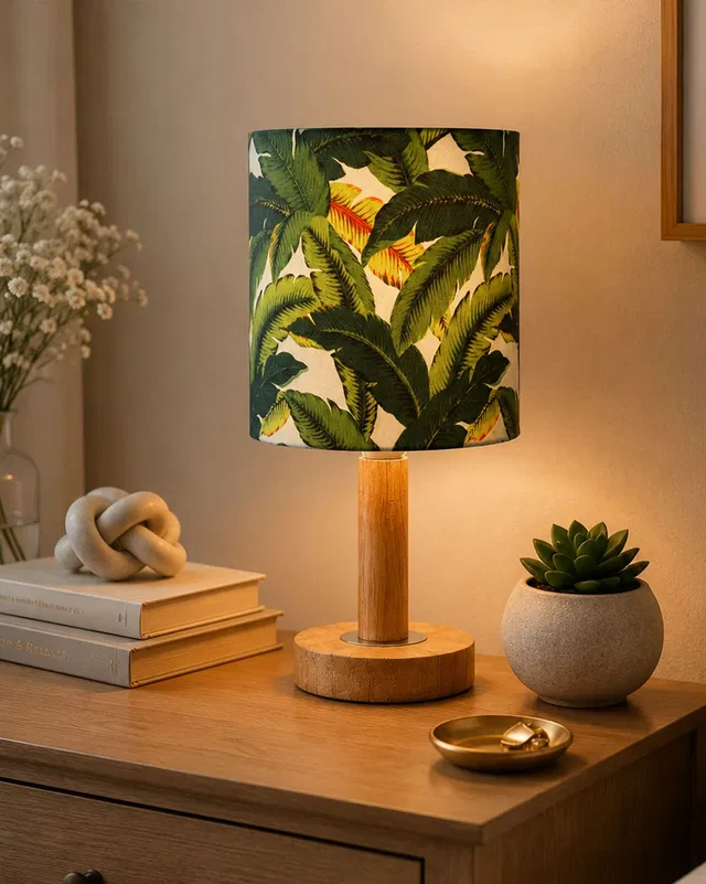 Glowhere Pine Wooden Table Lamp with Leaf Printed Shade for Bedroom, Study Table Lamp