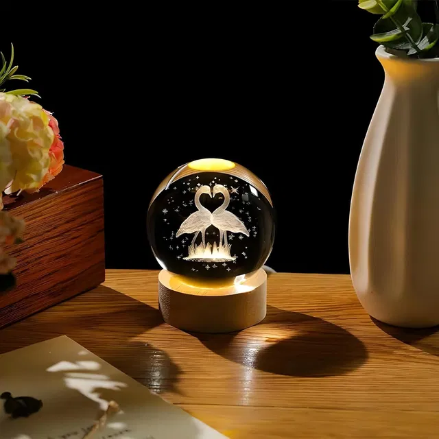 Rossella Small Flamingo Shape 3D Night Glass Ball Table Night Lamp Wood Stand Table Lamp