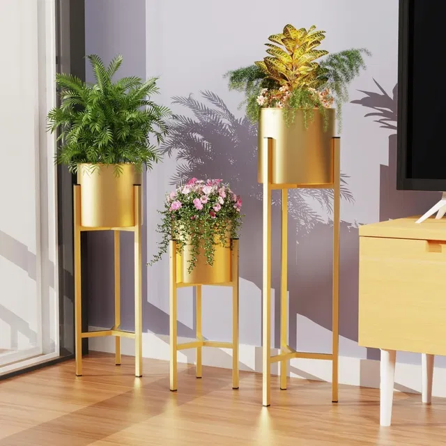 WORLDMETALCRAFT Plant Stand Tall Indoor Plant Stand with Planter Pot -Set of 3 Gold Plant Container Set