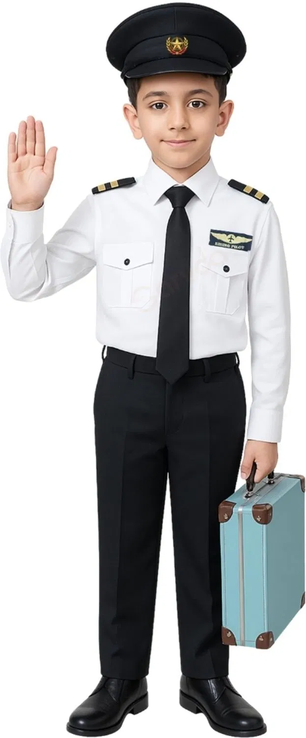 SARVDA PiIot Dress For Kids|Pilot Full Costume with Cap and Tie - White & Black Kids Costume Wear