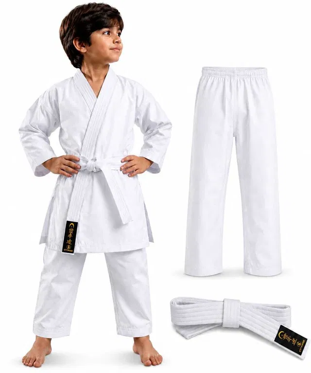 STYRKR Karate Training Uniform with White Belt Traditional White Cotton Uniform Size_30 Kids Costume Wear