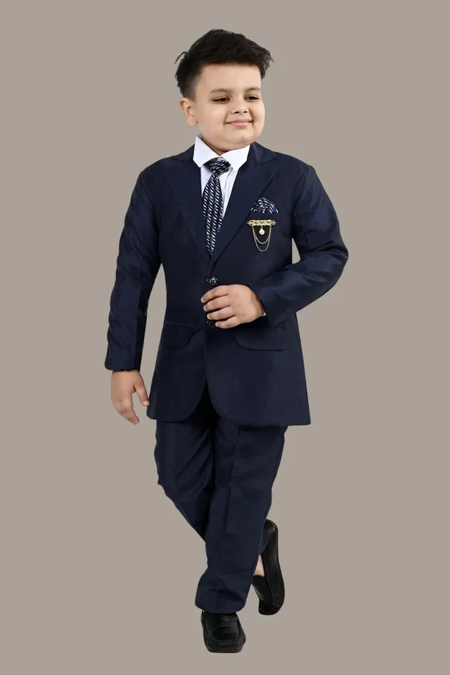 BT DEZINES 4-Piece Coat Pant Suit Set Solid Boys Suit