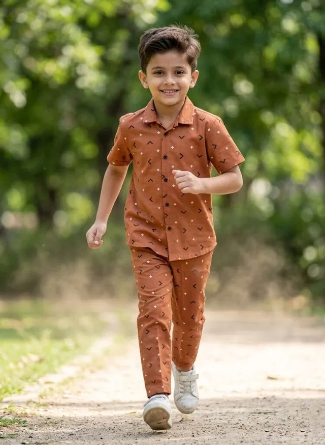 3BROS Boys Printed Brown Night Suit Set
