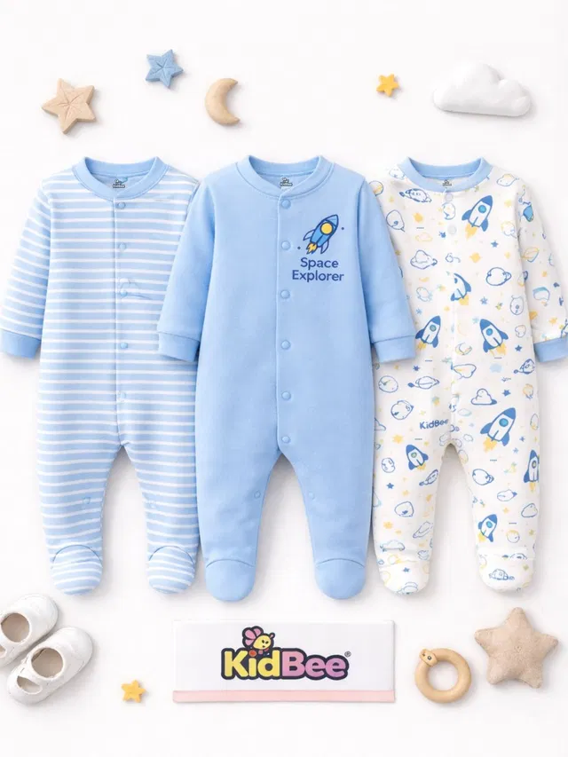 KidBee Romper For Baby Boys & Baby Girls Casual Striped, Printed Cotton Blend