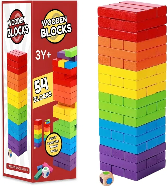 Be bright Wooden Stacking Blocks Tower Game with Dice 54 Colorful Wooden Blocks