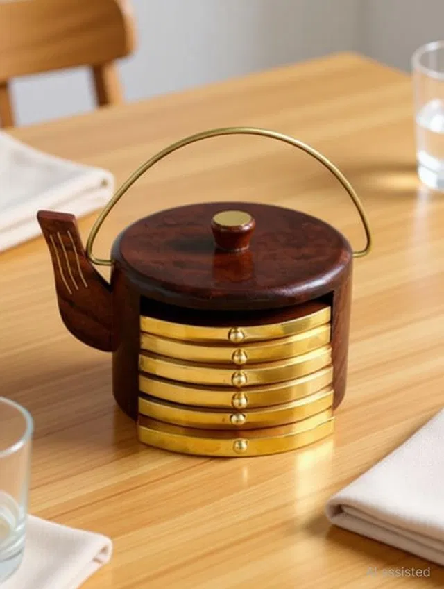 HiraWoodArt Round Wood Coaster Set