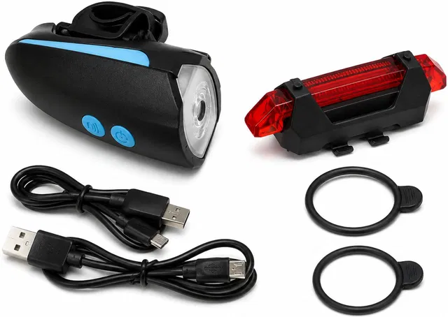 Shopeleven Super Bright Cycle Light with Horn USB Rechargeable Waterproof Bike Lamp LED Front Rear Light Combo