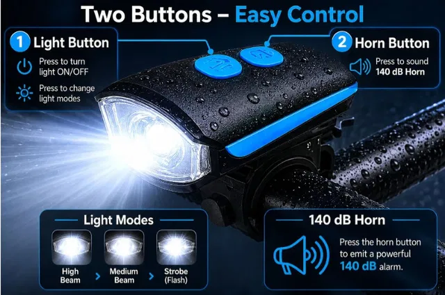 BULLYE USB Rechargeable Bike Horn And Light 120 DB with Super Bright Light 3 Mode Bell LED Spot Light