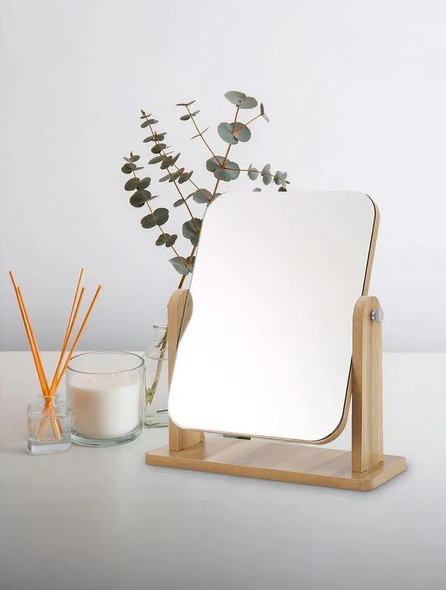 Glitzn Wooden Tabletop Makeup Mirror – 360° Rotating Adjustable Vanity Desk Mirror