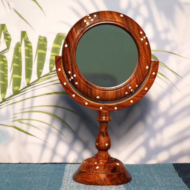 crafthub Premium Sheesham Pakka Wood Rotatable Vanity Mirror Table Top Craft Hand Carved Wooden Table Top Round Portable Makeup Mirror with Stand Decorative Mirror
