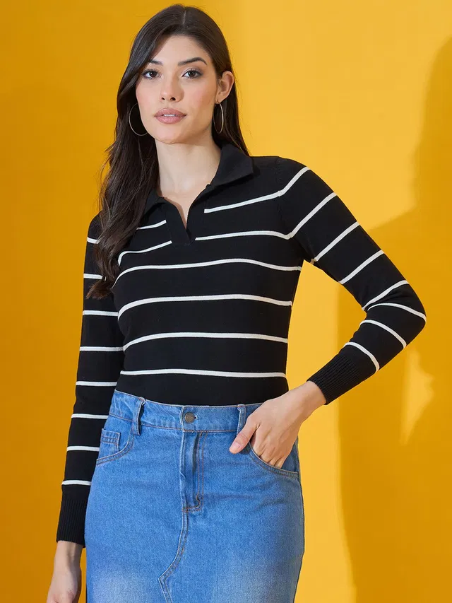 98 Degree North Striped Collared Neck Casual Women Black, White Sweater